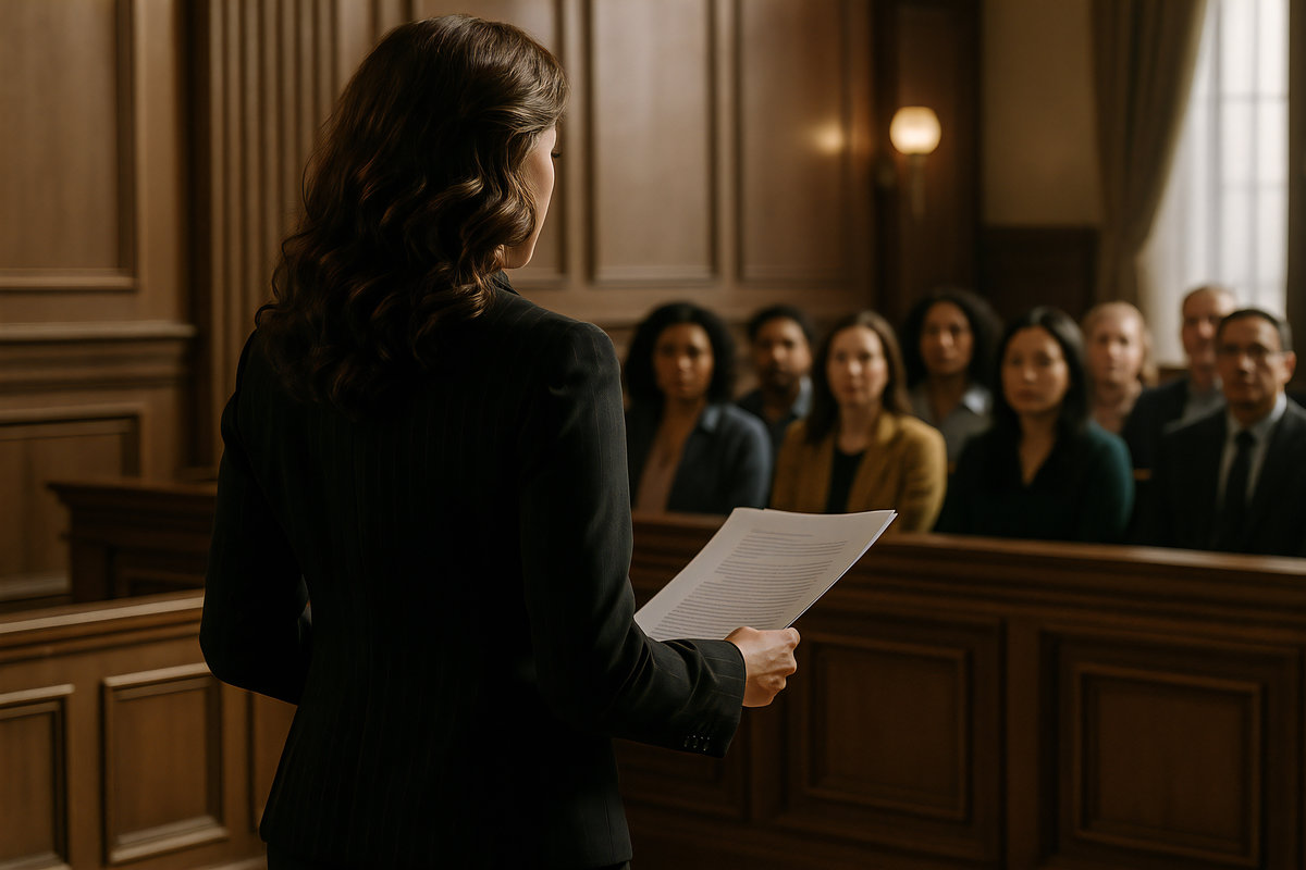 Courtroom lawyer addressing jury during trial with documents